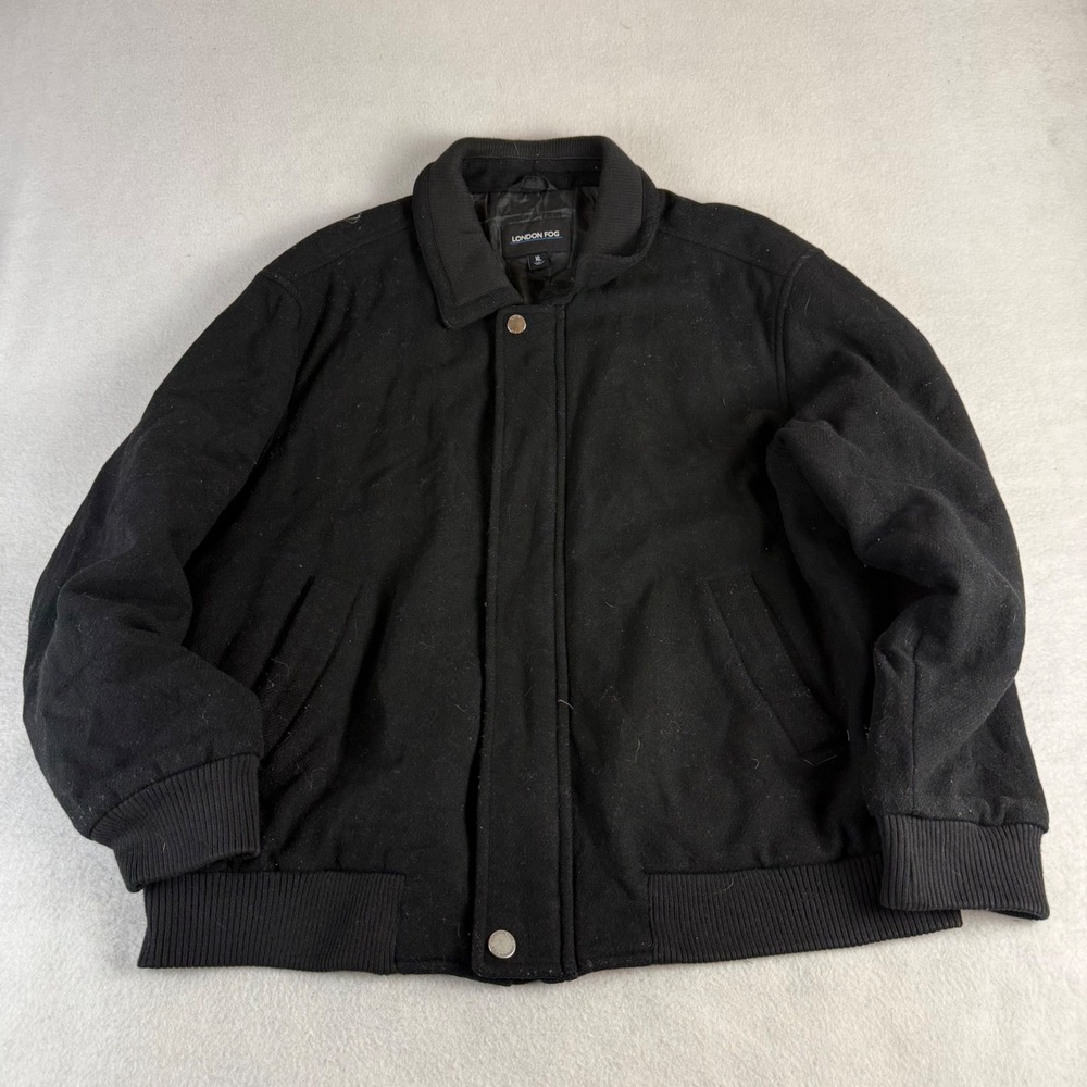 London Fog Mens Black Wool Blend Bomber Jacket Full Zip Quilted Lined XL